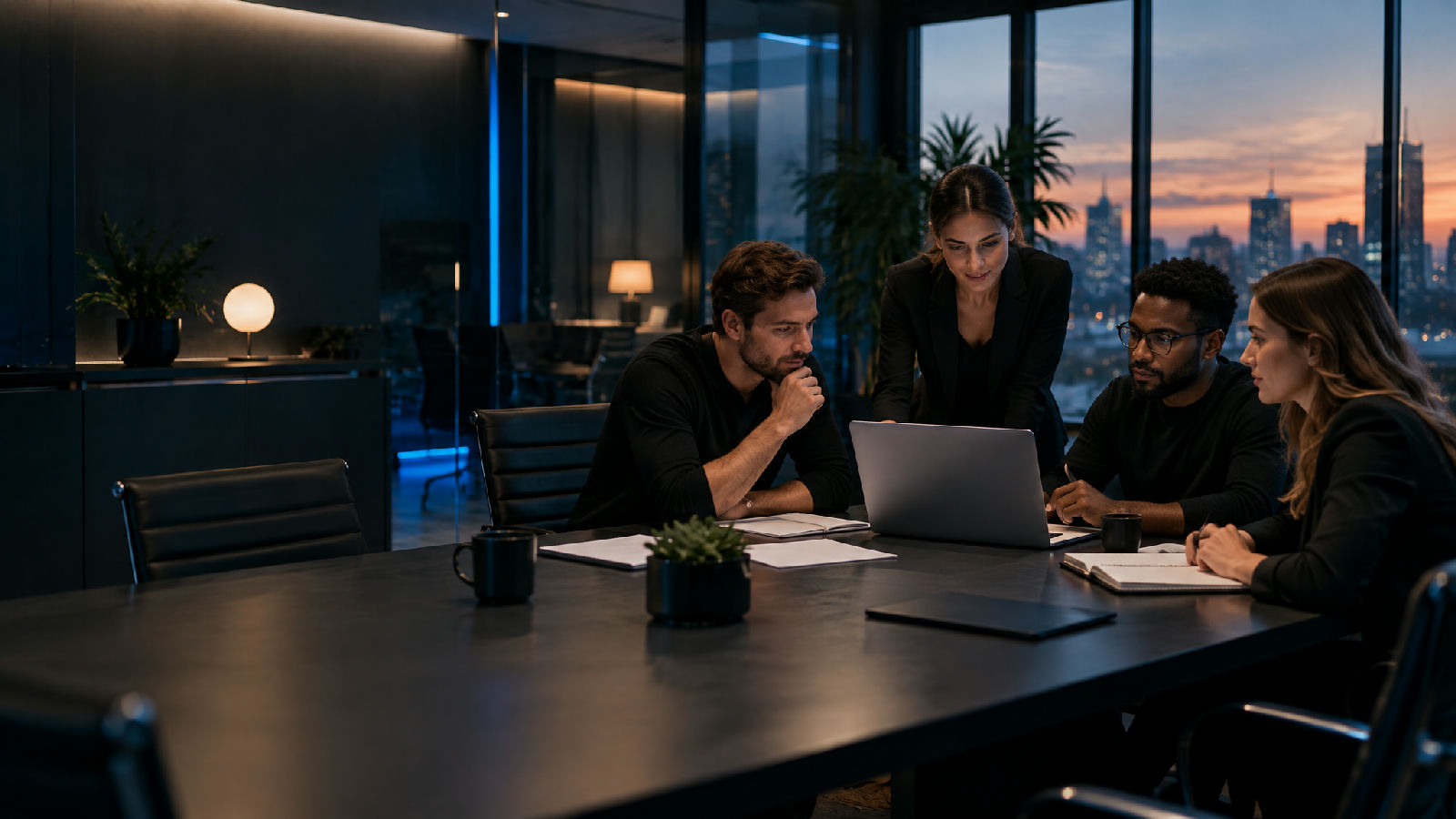 Editorial view of a modern strategy studio, with a small team collaborating around a dark conference table at dusk.