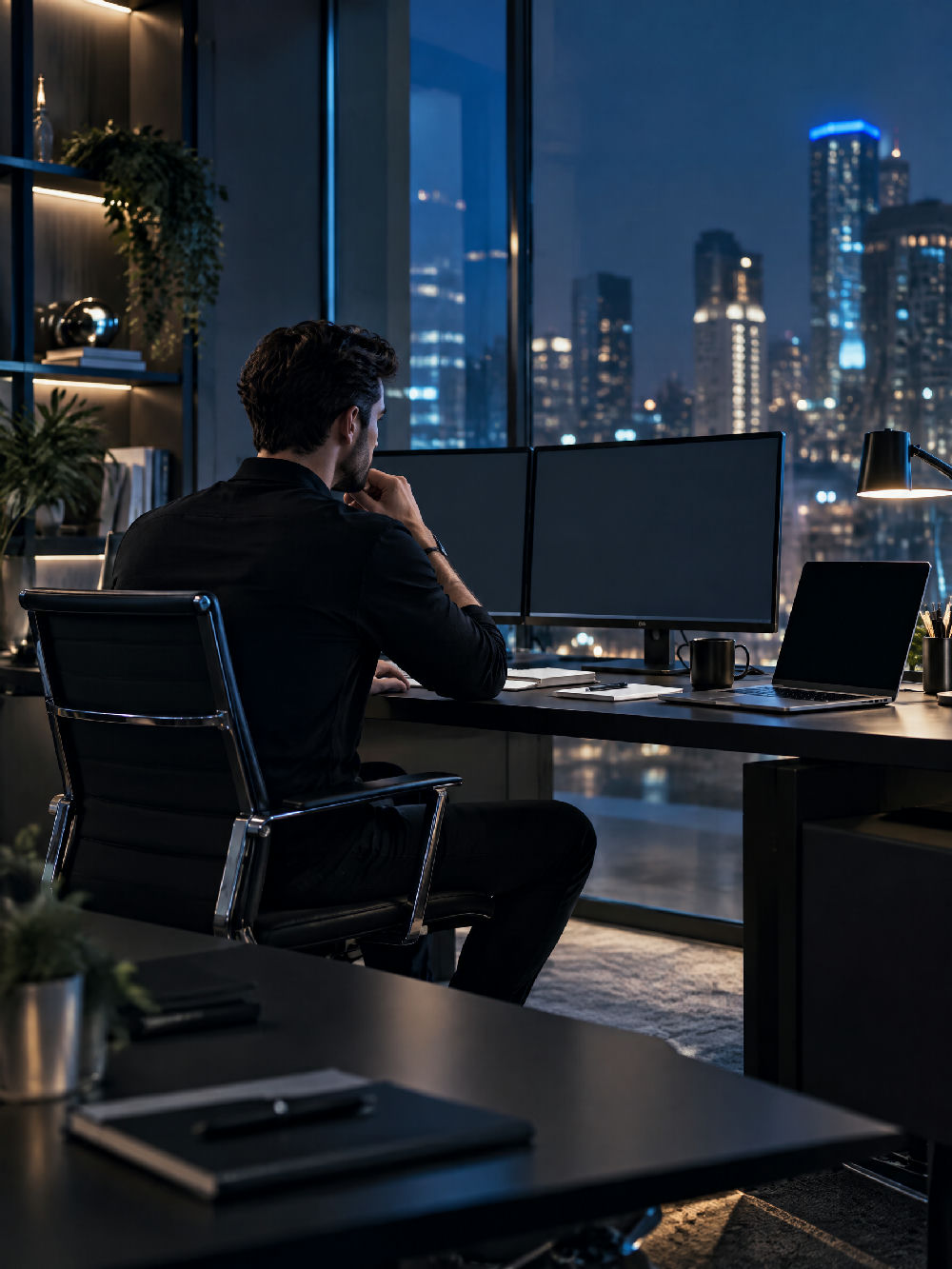 Editorial photograph of a growth strategist working beside a glass wall in a refined dark office.